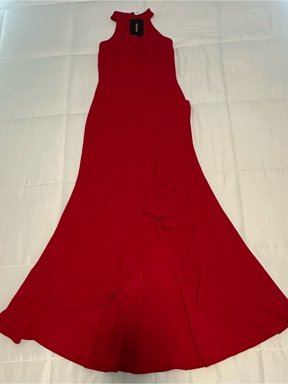 High-Neck Red Maxi Dress with Side Ruffle - Picture 2 of 3
